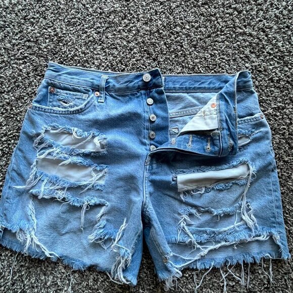 Y2K Blue Free People Relaxed Fit Denim Shorts, Button Up Fly, Women's Size 29 - Picture 2 of 6